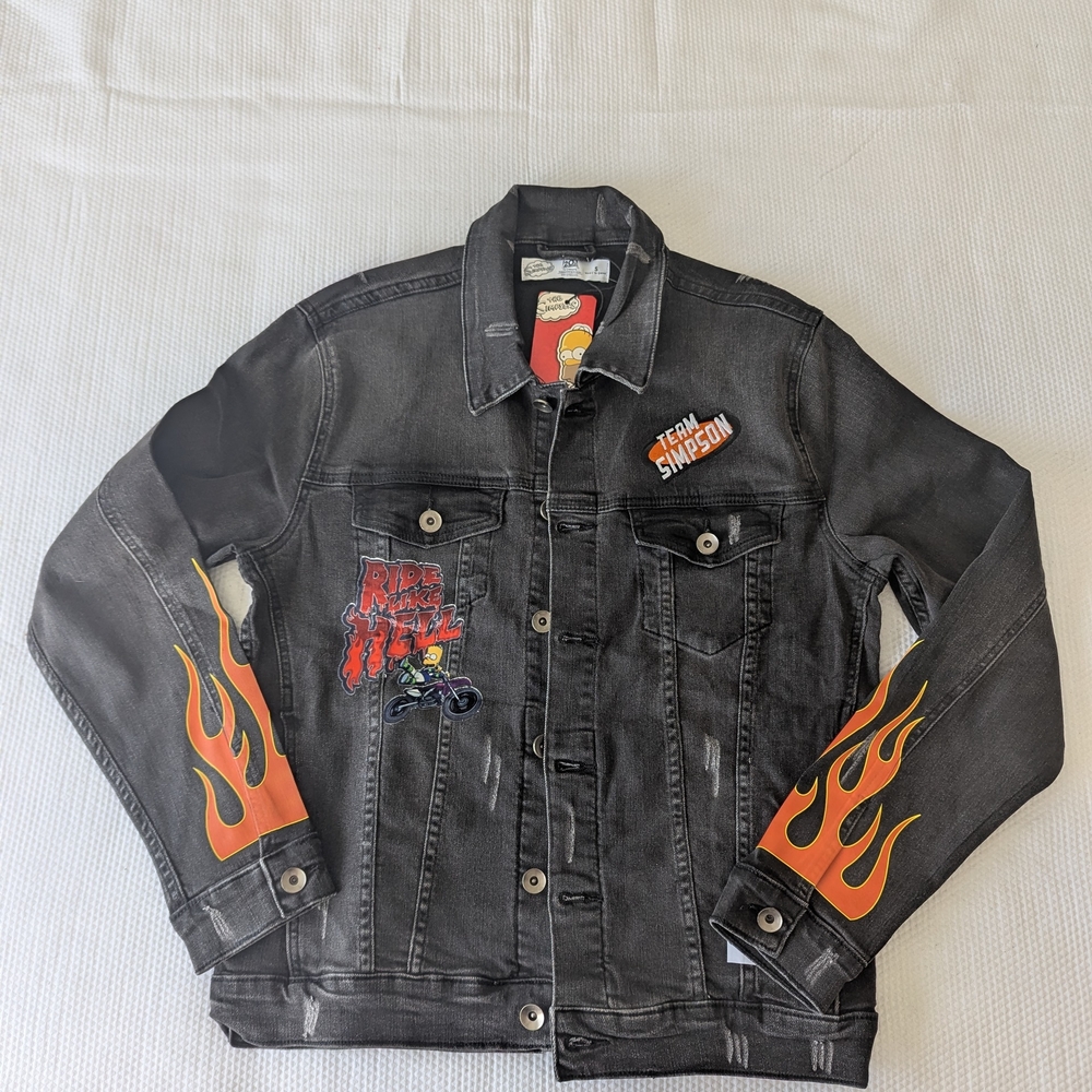The Simpsons Bart Ride Like Hell Mens Medium Black Denim Patch Jacket Si…